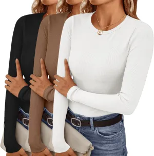 Ekouaer Women's Long Sleeve Shirts 3 Packs Crew Neck Stretchy Fitted Tops Ribbed Base Layer Soft Thermal Undershirts Tee