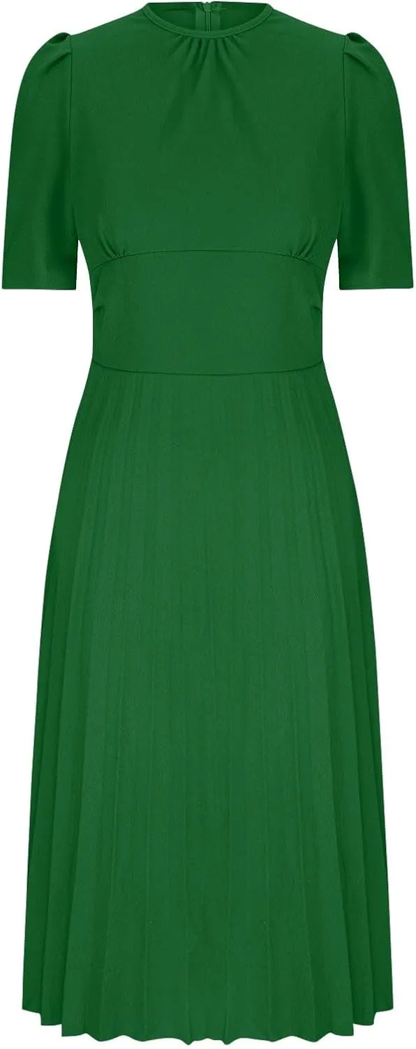 Elegant Ruched Corset High Waist Midi Dress for Women 2025 Summer Short Sleeve Crewneck Flowy Pleated A Line Dress