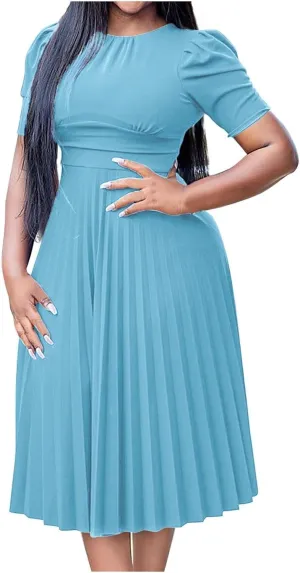 Elegant Ruched Corset High Waist Midi Dress for Women 2025 Summer Short Sleeve Crewneck Flowy Pleated A Line Dress
