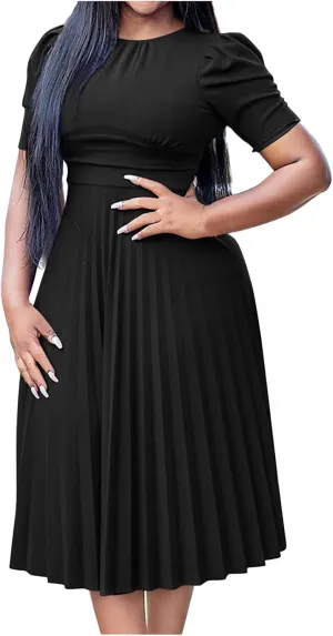 Elegant Ruched Corset High Waist Midi Dress for Women 2025 Summer Short Sleeve Crewneck Flowy Pleated A Line Dress