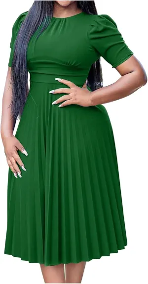 Elegant Ruched Corset High Waist Midi Dress for Women 2025 Summer Short Sleeve Crewneck Flowy Pleated A Line Dress
