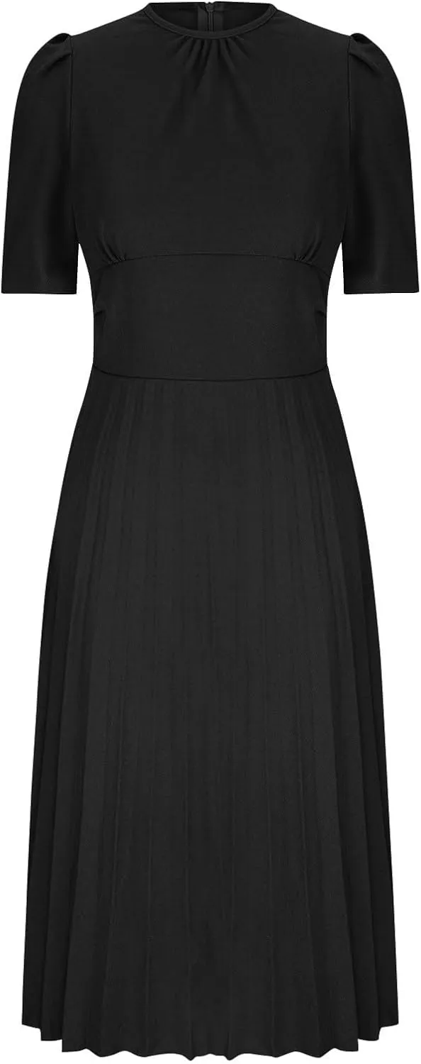 Elegant Ruched Corset High Waist Midi Dress for Women 2025 Summer Short Sleeve Crewneck Flowy Pleated A Line Dress