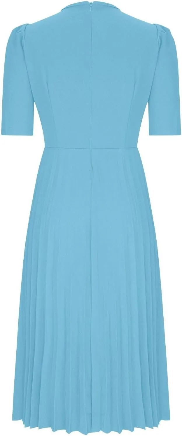 Elegant Ruched Corset High Waist Midi Dress for Women 2025 Summer Short Sleeve Crewneck Flowy Pleated A Line Dress