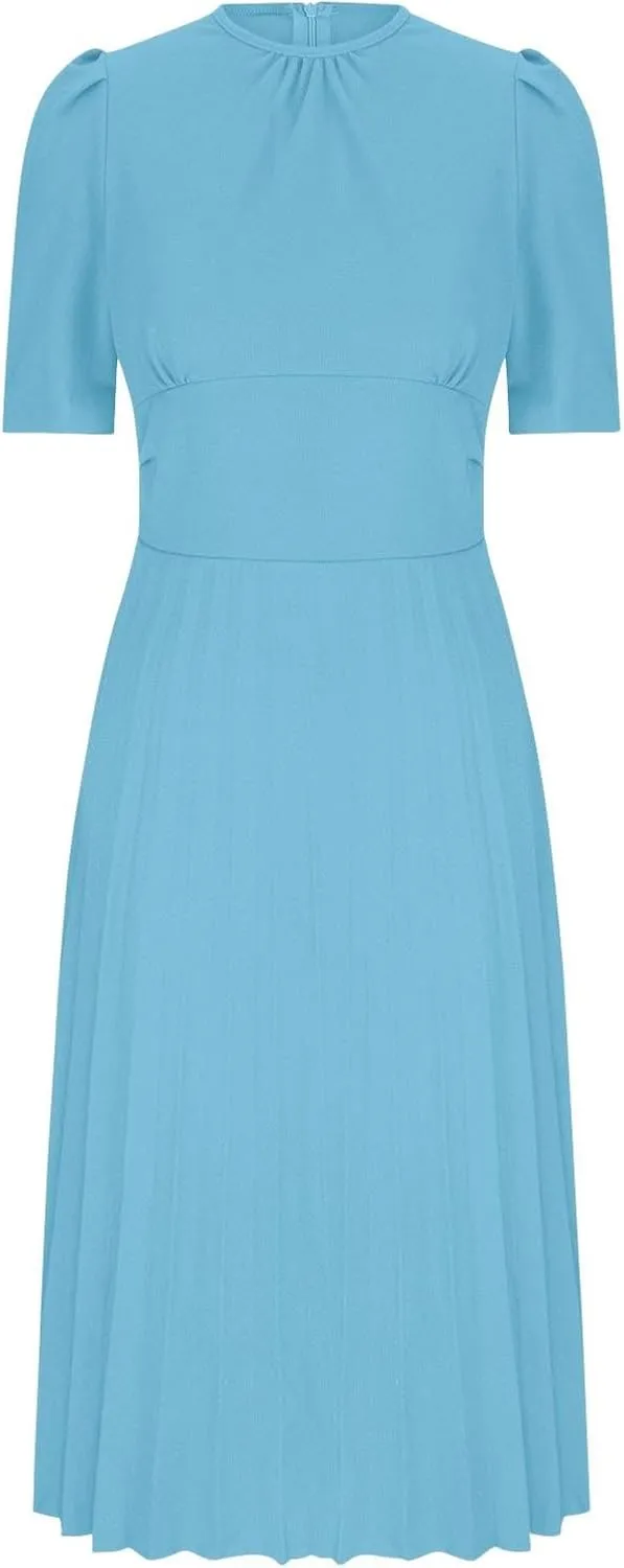 Elegant Ruched Corset High Waist Midi Dress for Women 2025 Summer Short Sleeve Crewneck Flowy Pleated A Line Dress