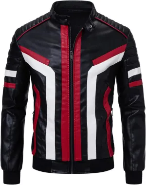 FANARCHER PU Leather Jacket Men,Color-Block Slim Fit Motorcycle Biker Riding Bomber Work Jacket for Men