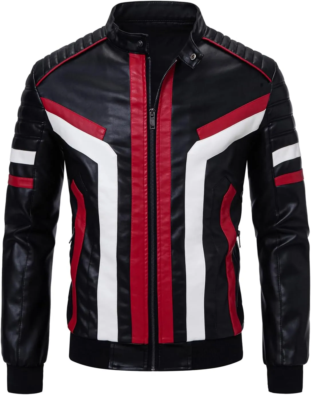 FANARCHER PU Leather Jacket Men,Color-Block Slim Fit Motorcycle Biker Riding Bomber Work Jacket for Men