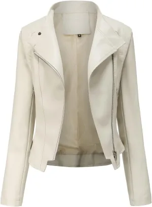 Faux Leather Jacket Women, Lapel Collar Short Leather Motorcycle Jacket, Ladies Coat (Color : Off White, Size : X-Large)