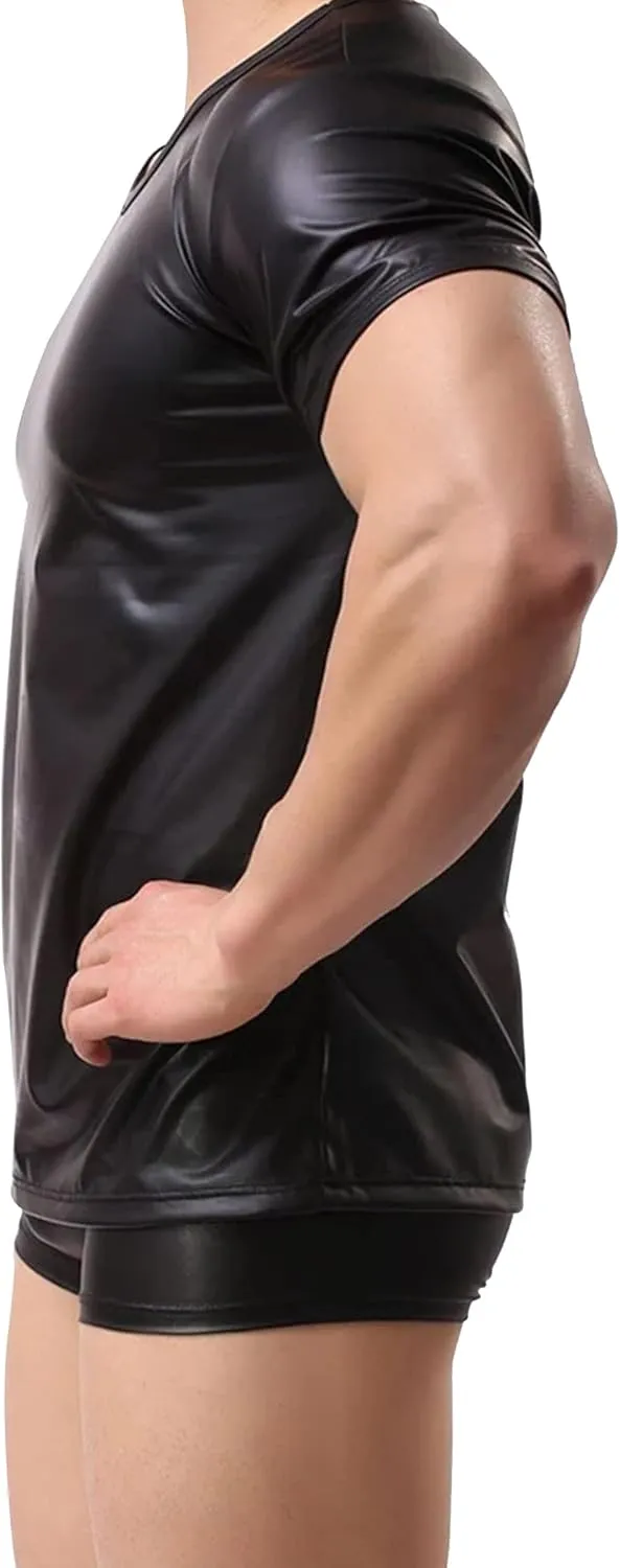 FEOYA Men's Sports Elastic Tank Tops Undershirt Faux Leather Wetlook Shirt