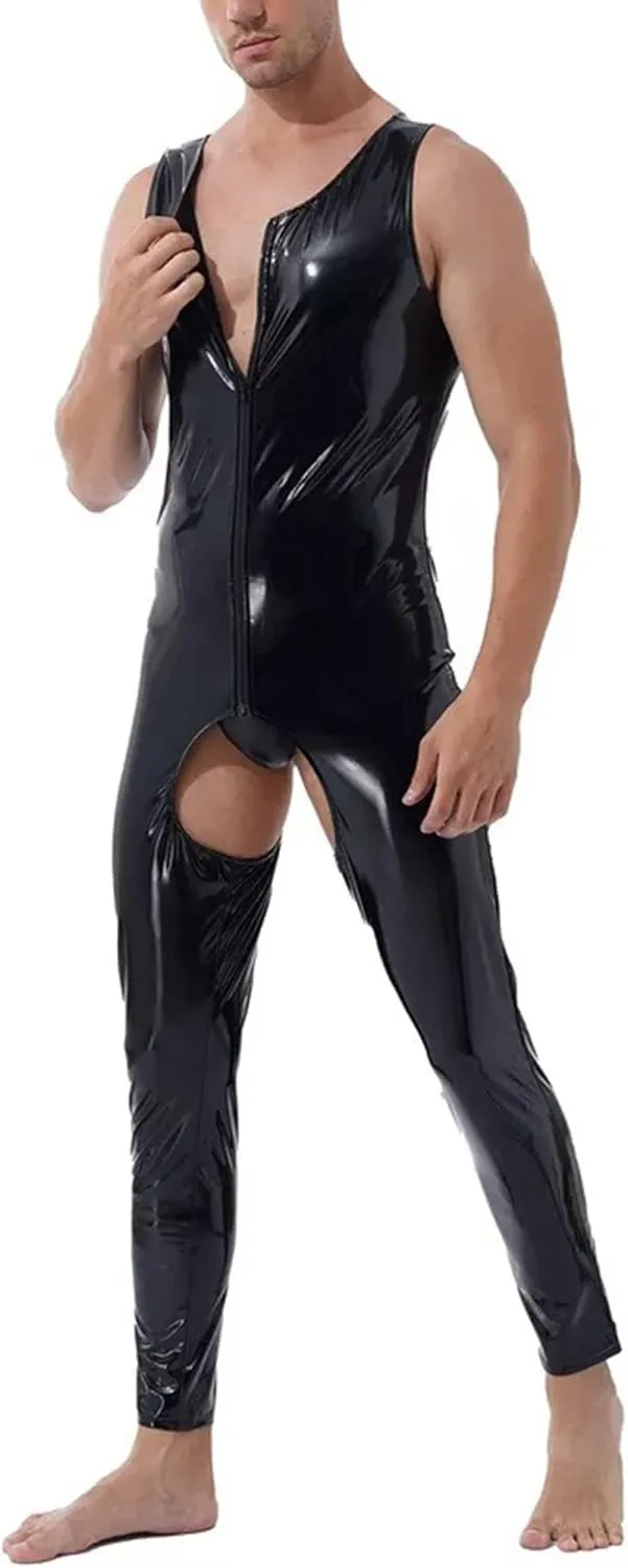 FEOYA Men's Sports Elastic Tank Tops Undershirt Faux Leather Wetlook Shirt