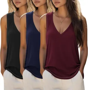Ficerd 3 Pack Women's Tank Top 2025 Deep V Neck Summer Sleeveless Shirts Cotton Loose Fit Tops Casual Basic Workout Tunic