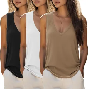 Ficerd 3 Pack Women's Tank Top 2025 Deep V Neck Summer Sleeveless Shirts Cotton Loose Fit Tops Casual Basic Workout Tunic