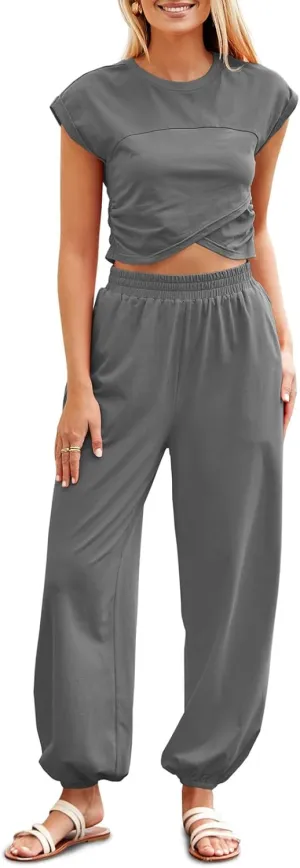 Fisoew Women's Two Piece Outfits Casual Lounge Sets Crop Tops and Joggers Tracksuit with Pockets
