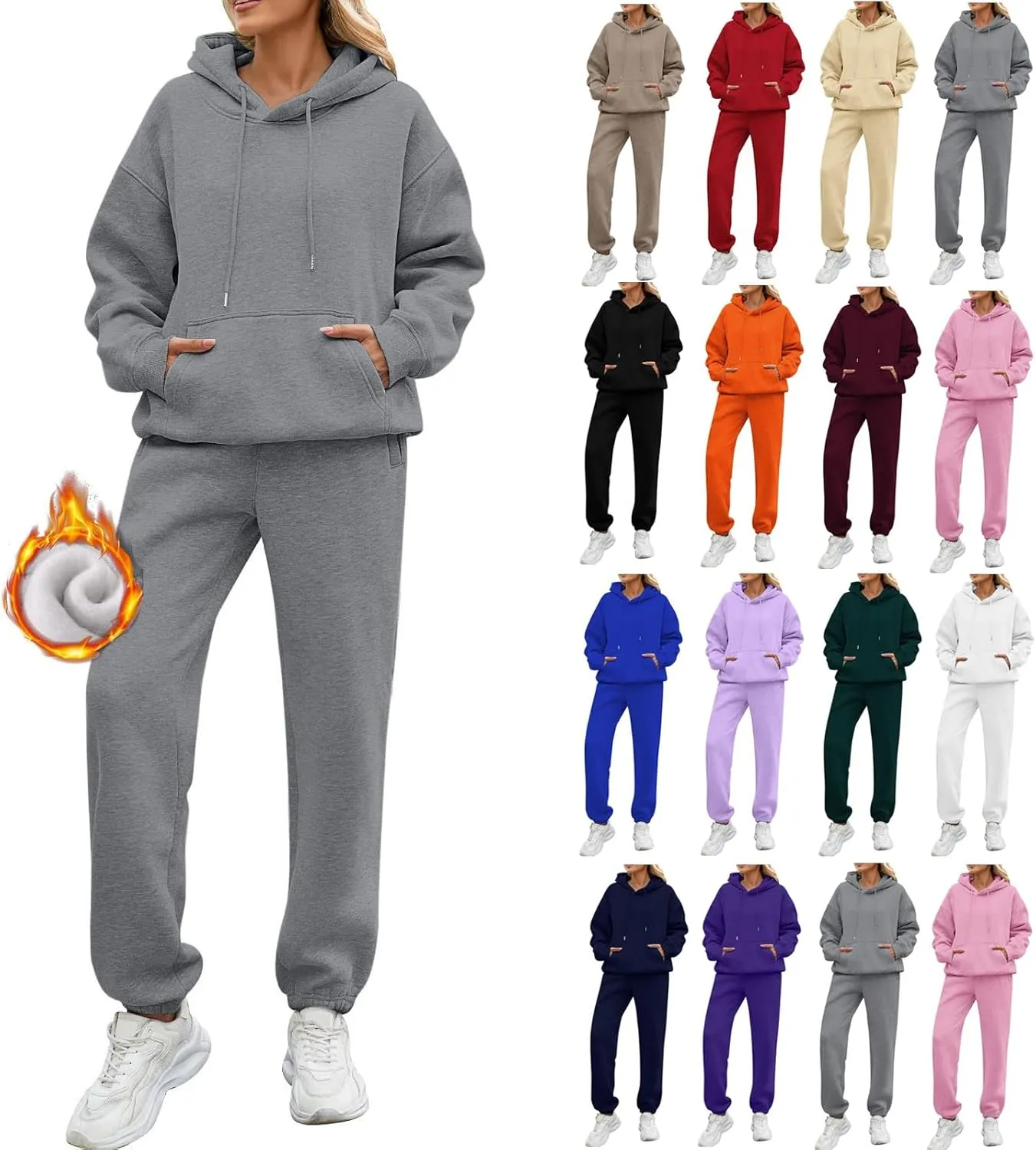 Fleece Jogger Sets for Women 2 Piece Oversized Hoodie Sweatshirt Fuzzy Sweatpants Lounge Set Winter Outfit w/Pockets