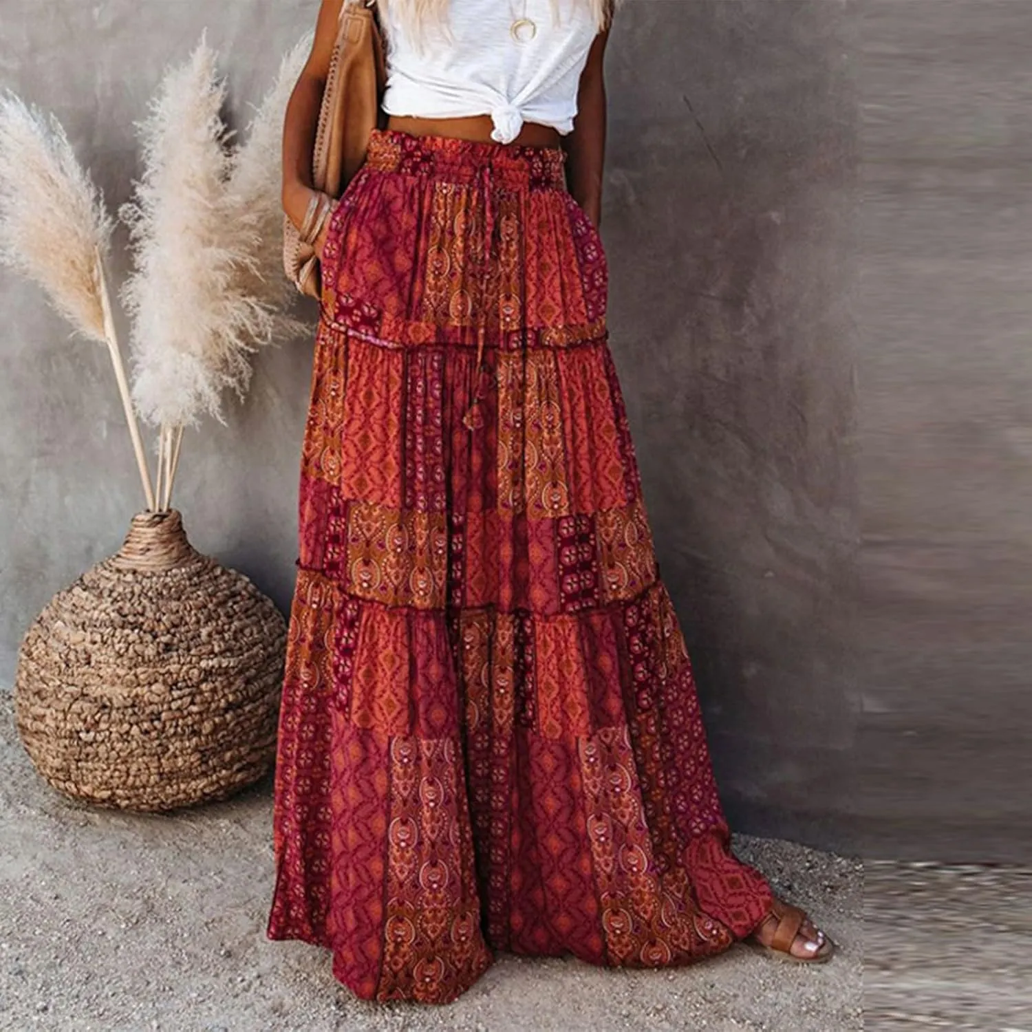 Floral Maxi Skirts for Women Summer Comfy High Waist Tie Paisley Print Maxi Skirt A-Line Long Skirts with Pockets