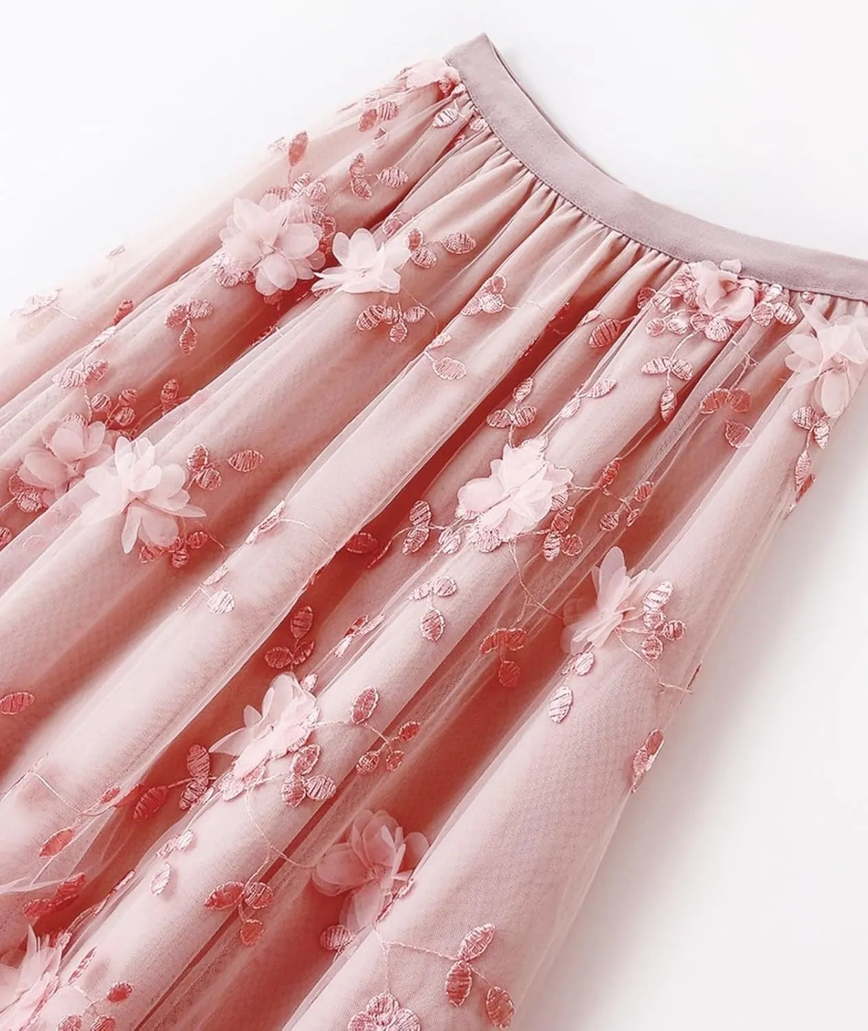 Floral Tulle Skirt for Women Embroidered High Waisted A Line Tiered Pleated Mesh Fairy Midi Skirt