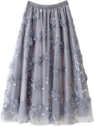 Floral Tulle Skirt for Women Embroidered High Waisted A Line Tiered Pleated Mesh Fairy Midi Skirt
