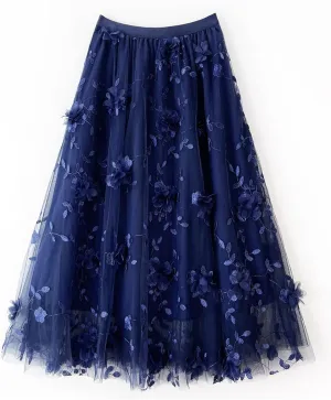 Floral Tulle Skirt for Women Embroidered High Waisted A Line Tiered Pleated Mesh Fairy Midi Skirt