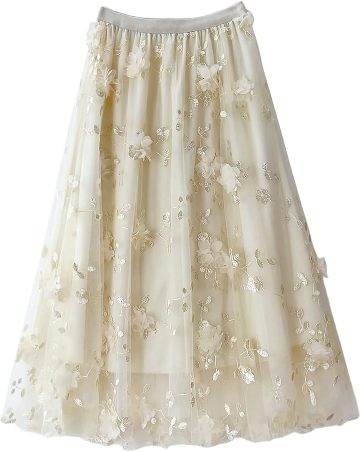 Floral Tulle Skirt for Women Embroidered High Waisted A Line Tiered Pleated Mesh Fairy Midi Skirt