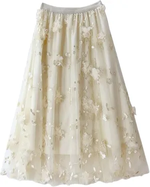 Floral Tulle Skirt for Women Embroidered High Waisted A Line Tiered Pleated Mesh Fairy Midi Skirt