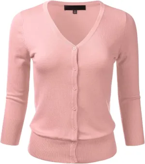 FLORIA Women's Button Down 3/4 Sleeve V-Neck Stretch Knit Cardigan Sweater (S-3X)