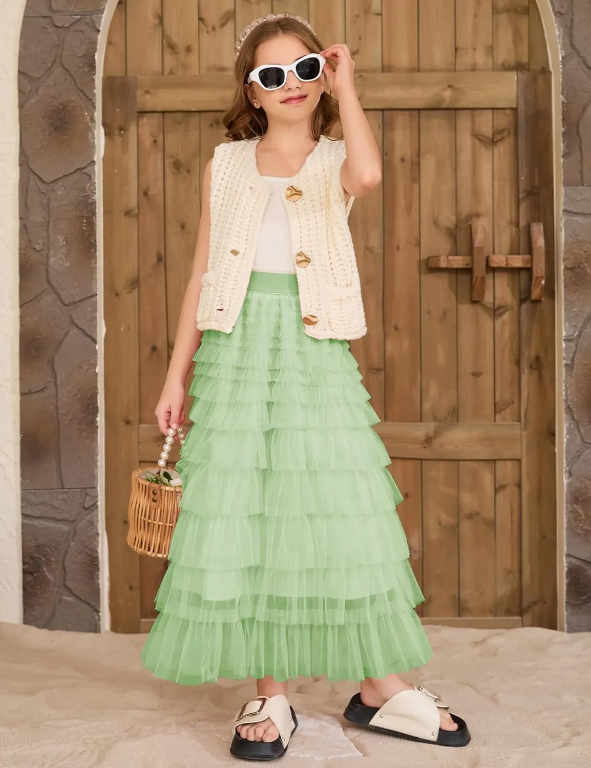 Flygo Tulle Skirts for Girls Long Tutu Skirt A Line Layered Ruffle Tiered Mesh Maxi Skirt Petticoat 5-14 Years