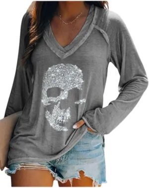 Fronage Womens Rhinestone Skull Tank Tops Long Short Sleeve Summer V Neck Sleeveless Shirts