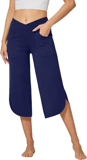 G4Free Capri Pants for Women Wide Leg Yoga Pants for Summer Flowy Capris Loose Casual Cropped Pants with Pockets