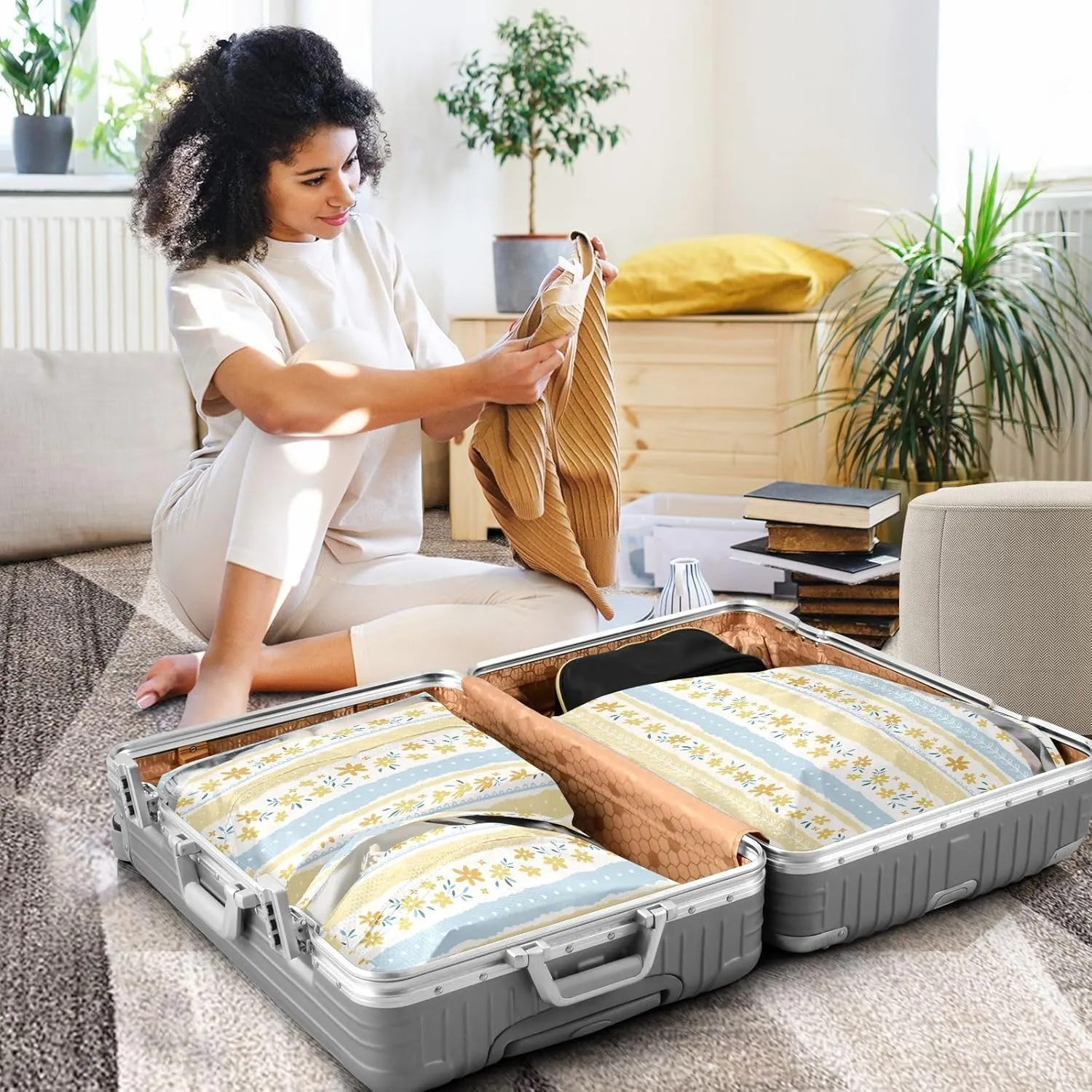 Garment Bag Closet Storage, Luggage Space Saver, Yellow Stripes Flowers, Waterproof, 3 Set Travel Packing Cubes For Suitcases,Organizadores De Maletas Para