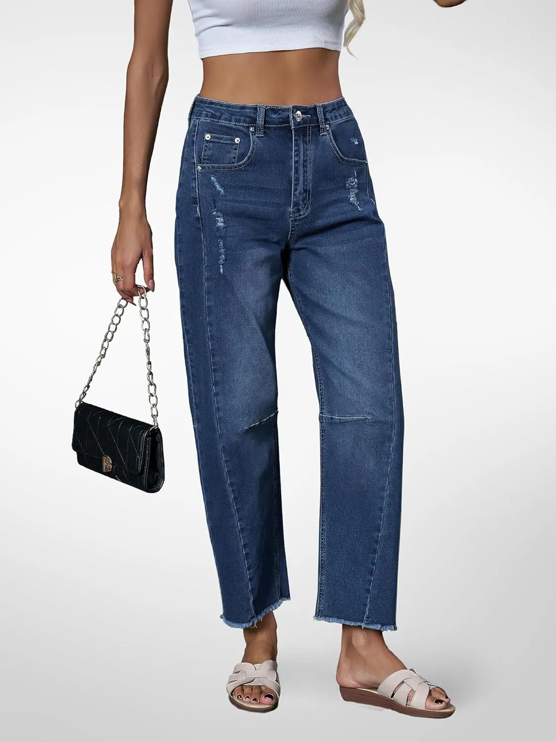 Genleck Barrel Jeans Women Wide Leg - Vintage Baggy Ripped Jeans Y2k Boyfriend Ankle Denim Pants