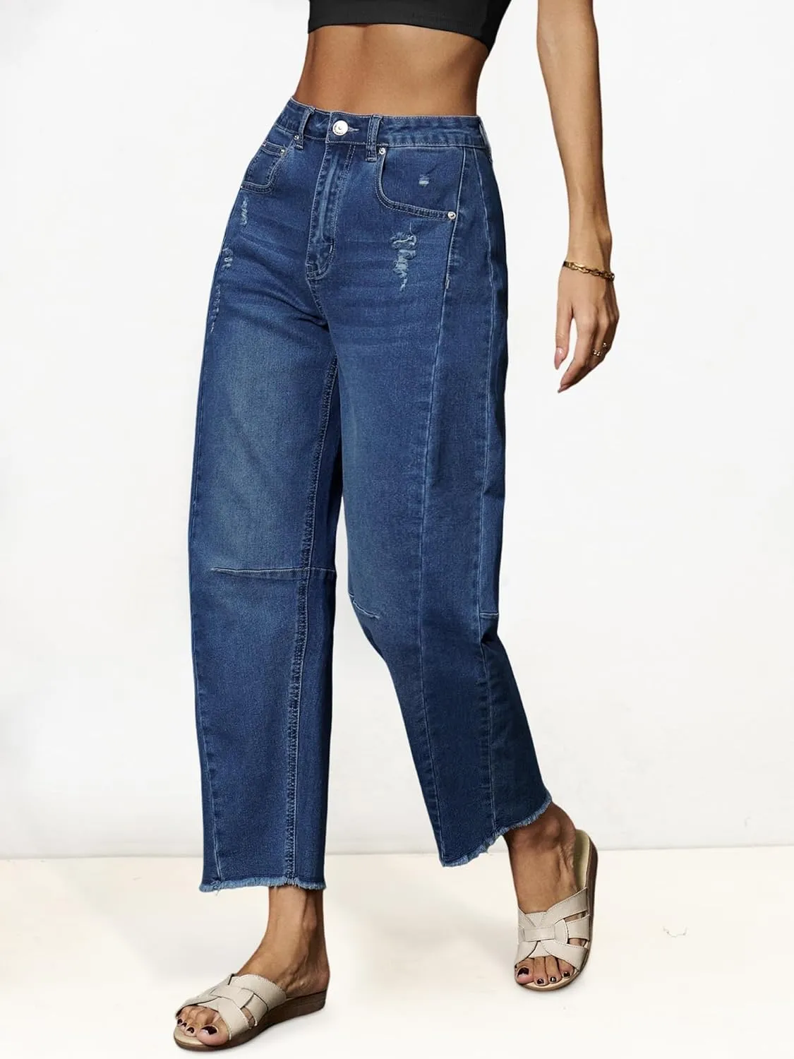 Genleck Barrel Jeans Women Wide Leg - Vintage Baggy Ripped Jeans Y2k Boyfriend Ankle Denim Pants