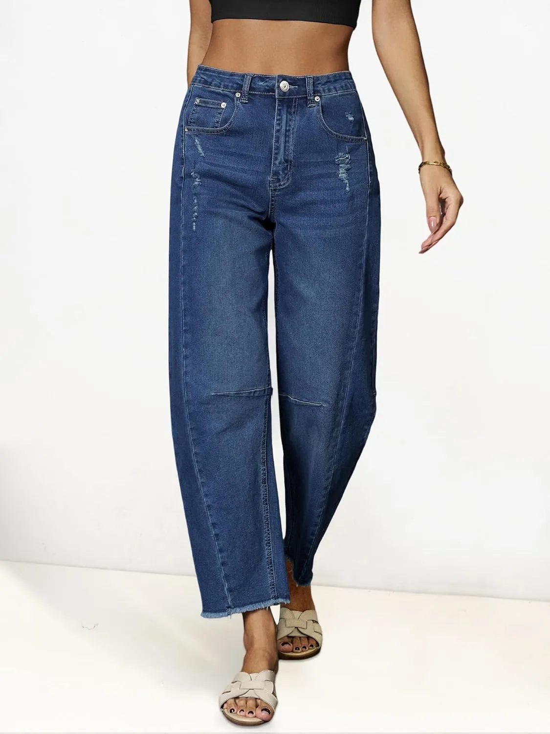 Genleck Barrel Jeans Women Wide Leg - Vintage Baggy Ripped Jeans Y2k Boyfriend Ankle Denim Pants