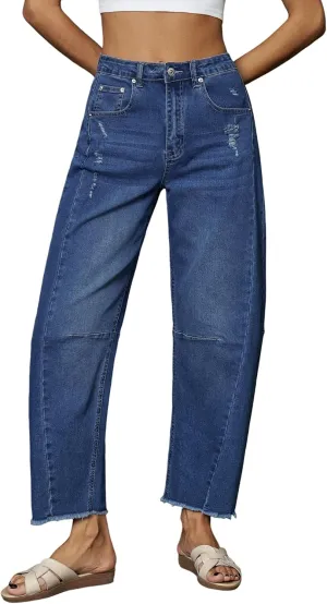 Genleck Barrel Jeans Women Wide Leg - Vintage Baggy Ripped Jeans Y2k Boyfriend Ankle Denim Pants