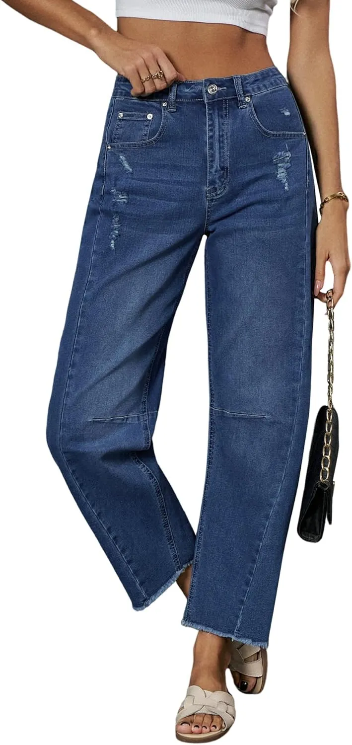 Genleck Barrel Jeans Women Wide Leg - Vintage Baggy Ripped Jeans Y2k Boyfriend Ankle Denim Pants
