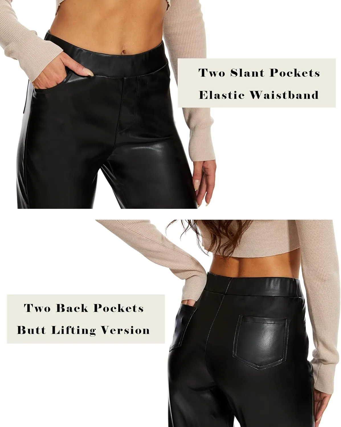 Ginasy Faux Leather Bell Bottom Pants for Women Flare Trousers High Waist Bootcut Pleather Slacks with Pockets