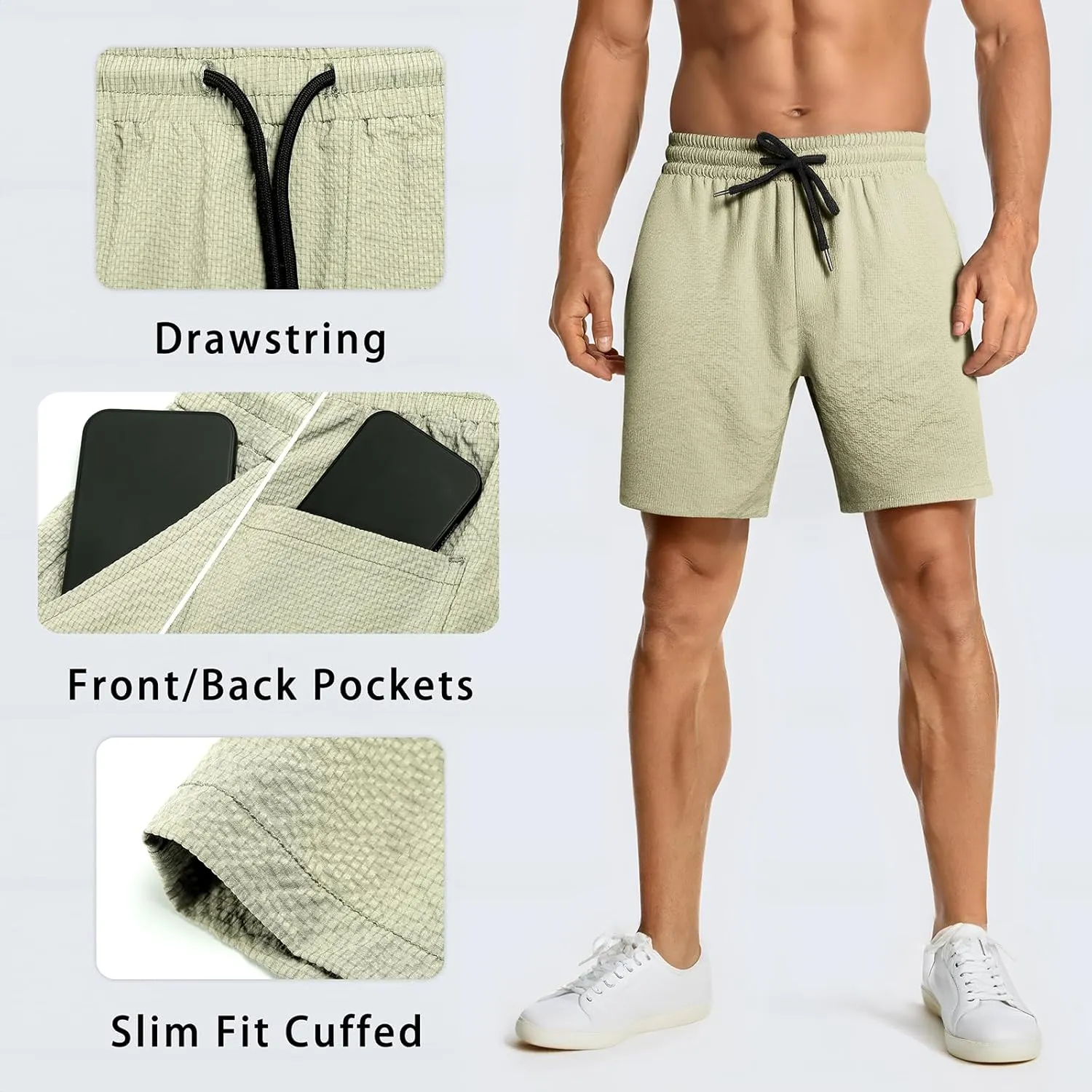 GINGTTO Mens Beach Shorts 7 inch Quick Dry Swim Trunks No Liner Seersucker Vacation Shorts for Men Elastic Waist