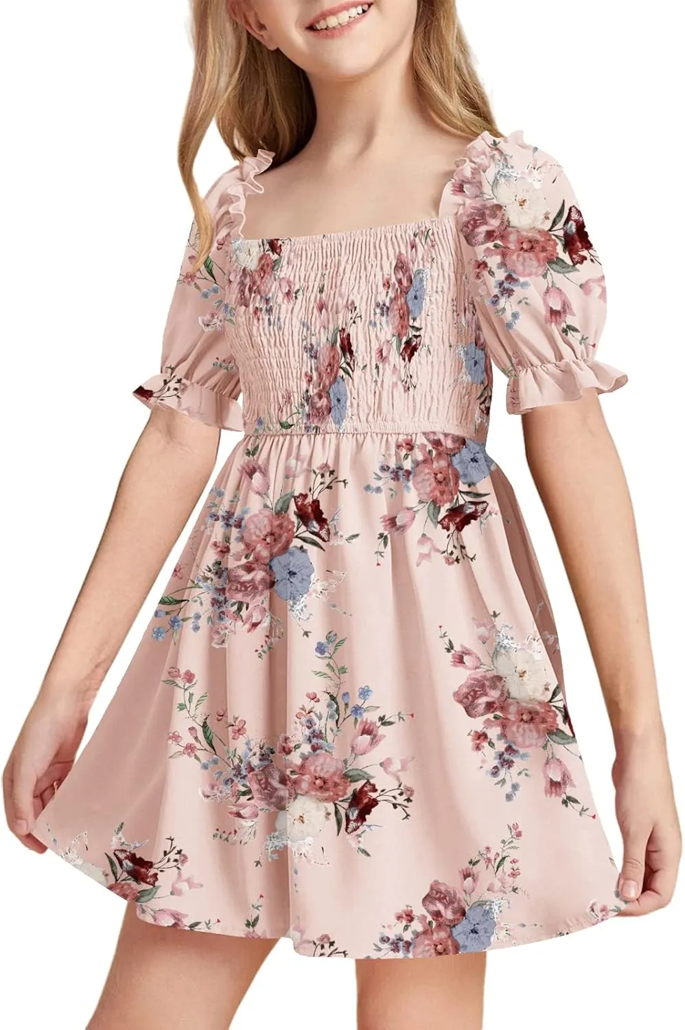Girls Floral Ruffle Mini Dress Square Neck Short Lantern Sleeve Flower Smocked Dress Boho Summer