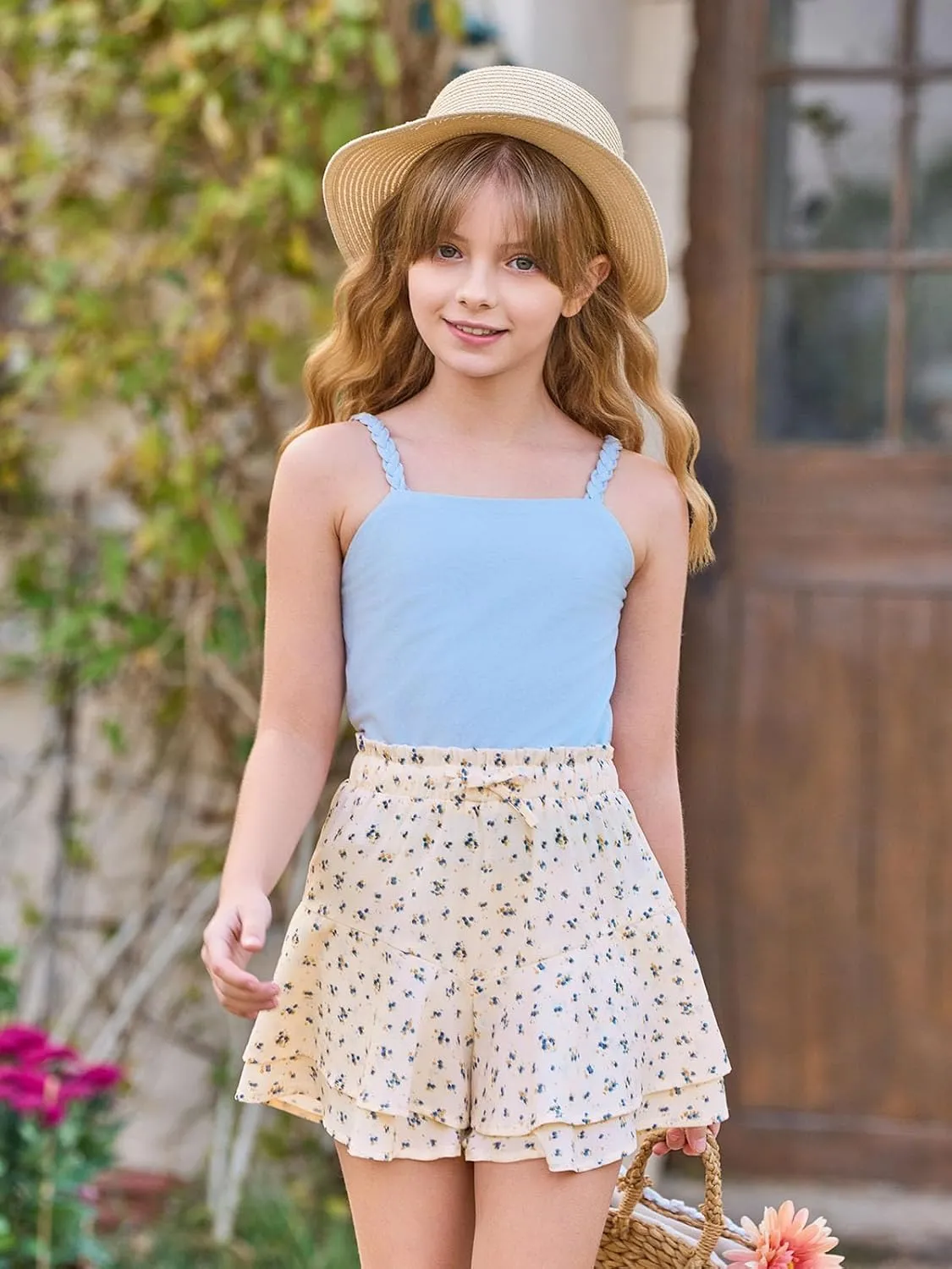 Girls Floral Skirts Kids Fashion Elastic High Waist Ruffle Flowy Shorts with Drawstring 5-14 Years