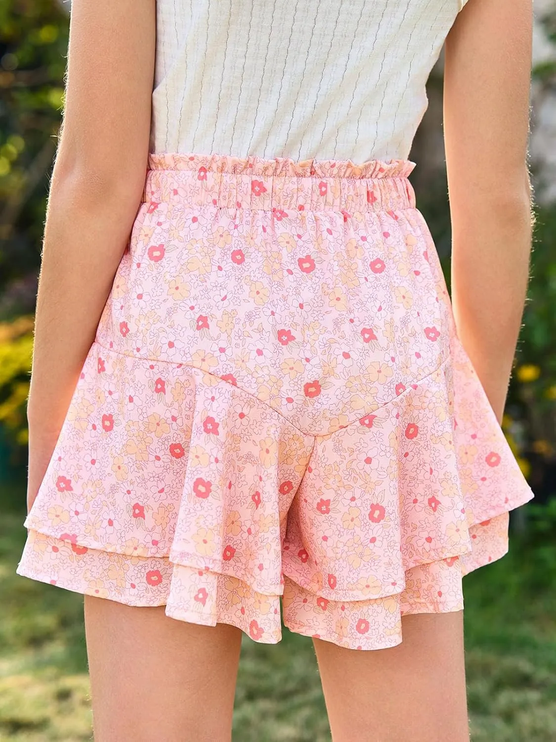 Girls Floral Skirts Kids Fashion Elastic High Waist Ruffle Flowy Shorts with Drawstring 5-14 Years