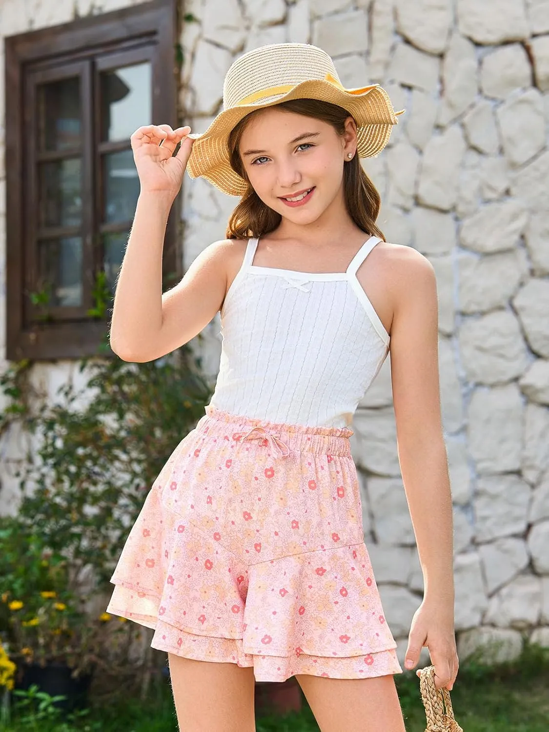 Girls Floral Skirts Kids Fashion Elastic High Waist Ruffle Flowy Shorts with Drawstring 5-14 Years