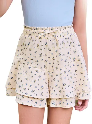 Girls Floral Skirts Kids Fashion Elastic High Waist Ruffle Flowy Shorts with Drawstring 5-14 Years