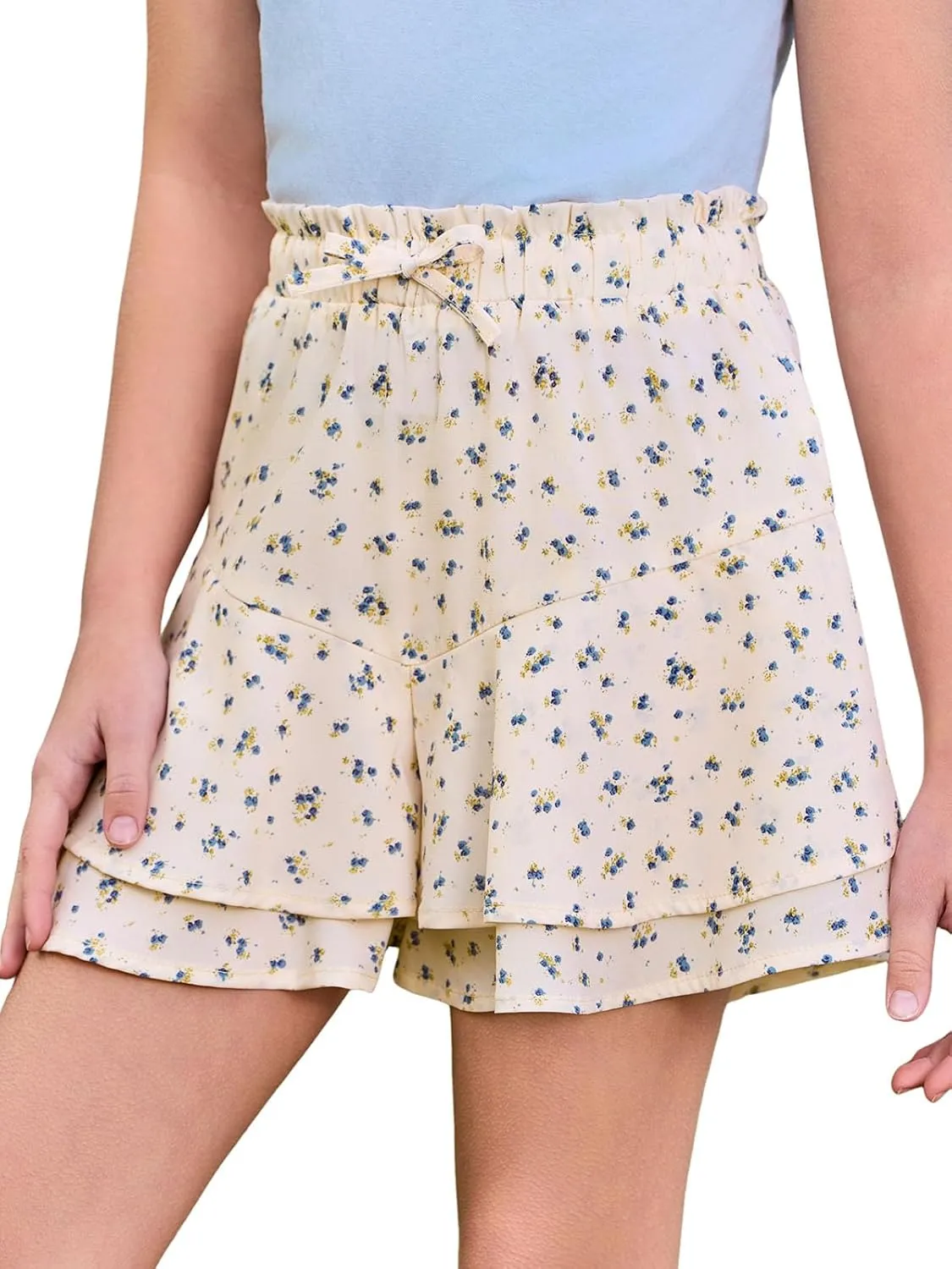 Girls Floral Skirts Kids Fashion Elastic High Waist Ruffle Flowy Shorts with Drawstring 5-14 Years