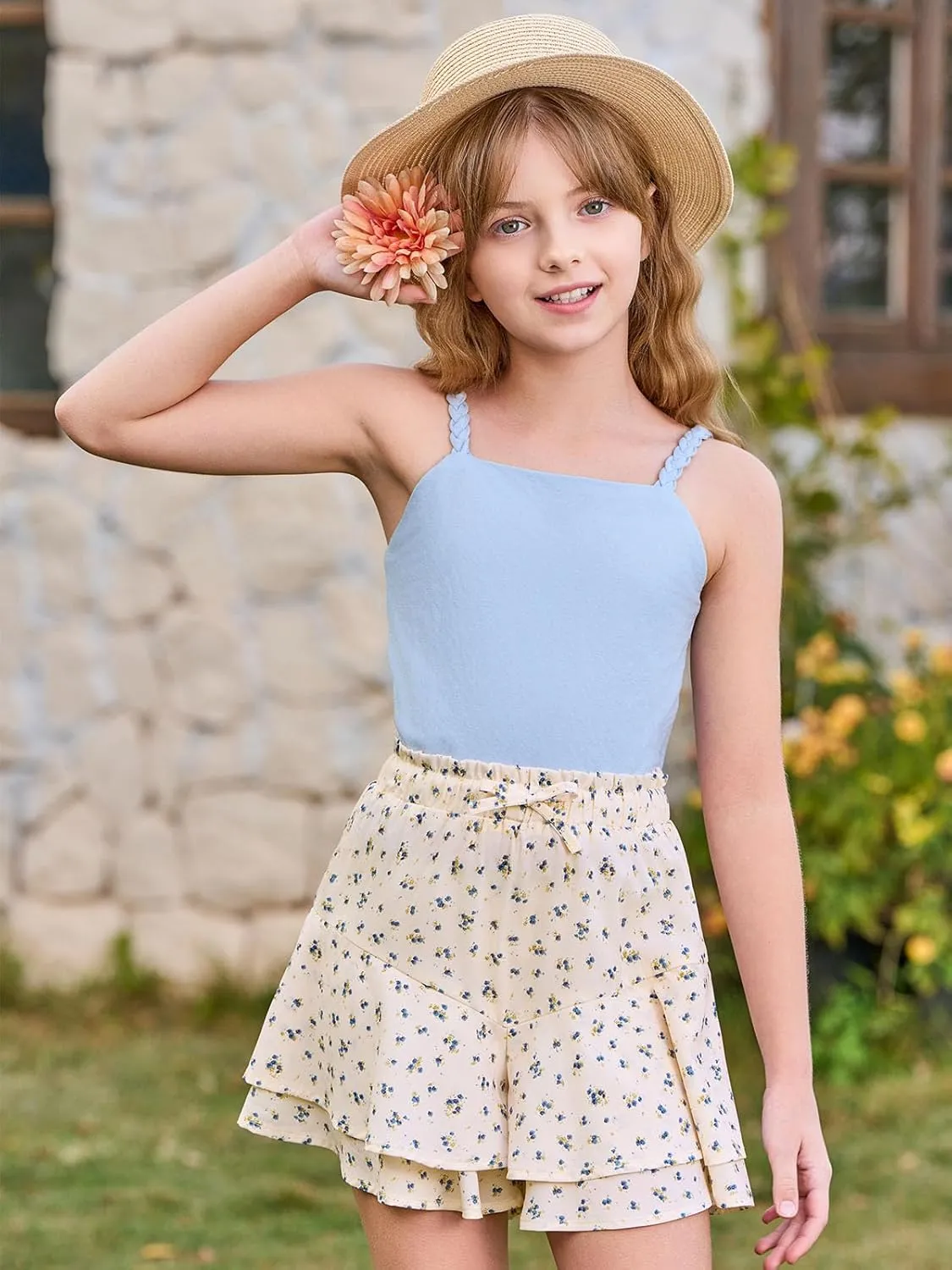 Girls Floral Skirts Kids Fashion Elastic High Waist Ruffle Flowy Shorts with Drawstring 5-14 Years