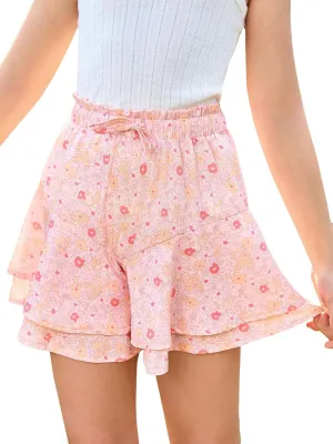 Girls Floral Skirts Kids Fashion Elastic High Waist Ruffle Flowy Shorts with Drawstring 5-14 Years