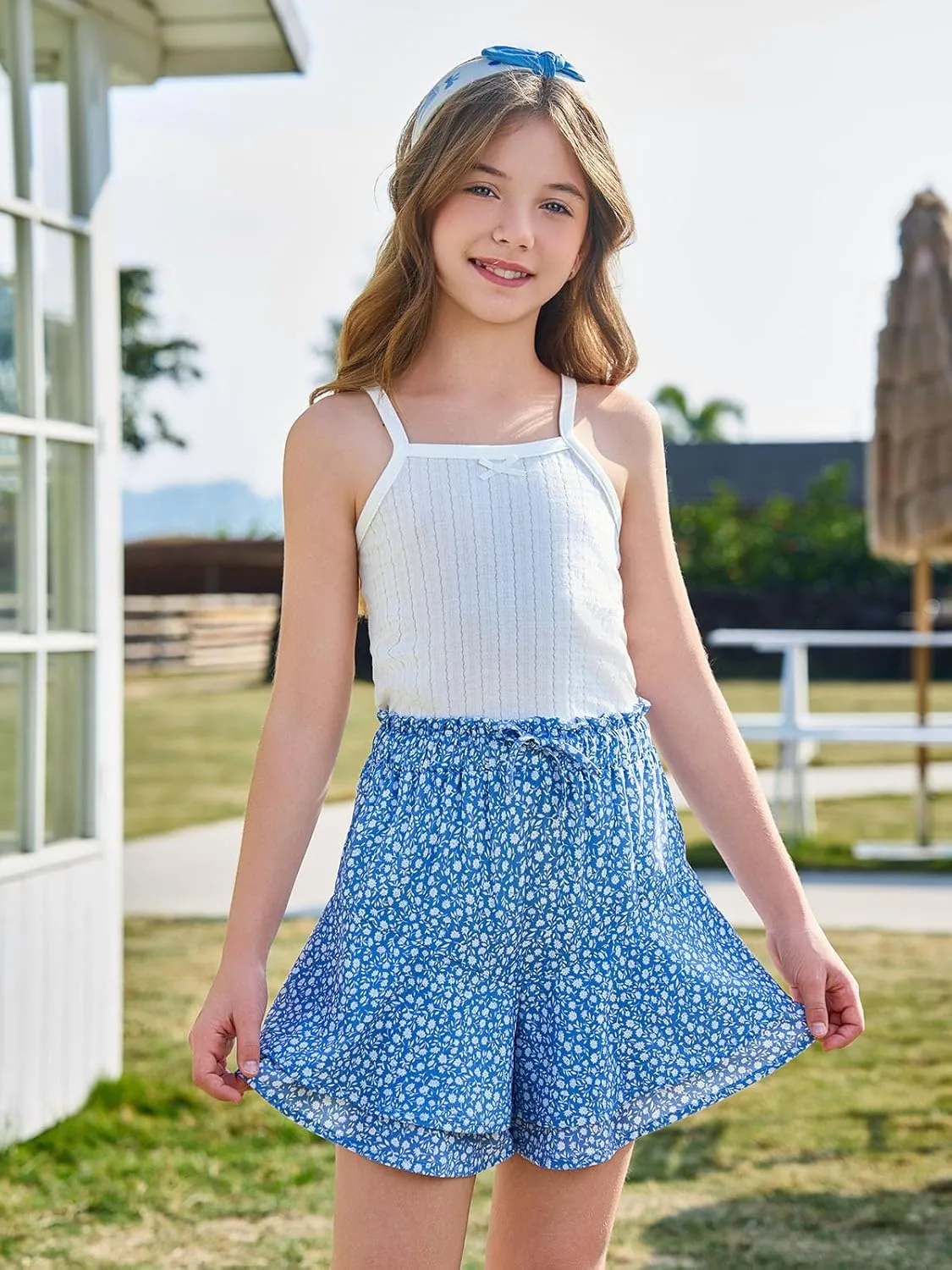 Girls Floral Skirts Kids Fashion Elastic High Waist Ruffle Flowy Shorts with Drawstring 5-14 Years