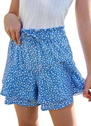 Girls Floral Skirts Kids Fashion Elastic High Waist Ruffle Flowy Shorts with Drawstring 5-14 Years