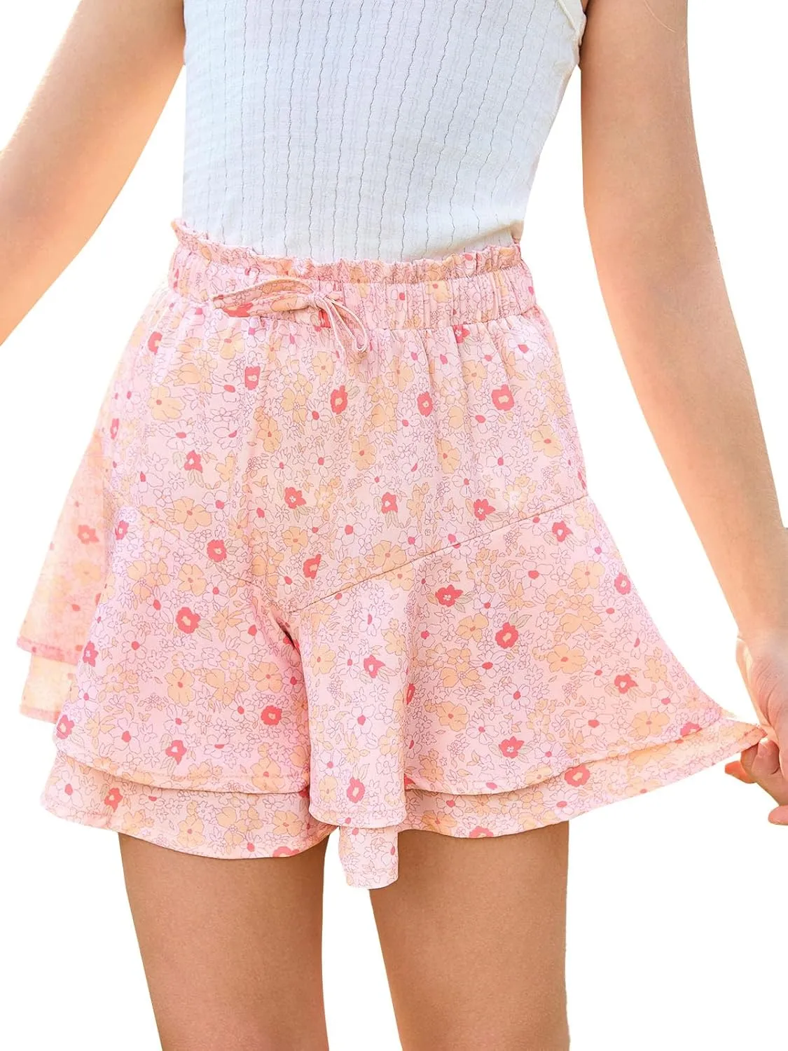 Girls Floral Skirts Kids Fashion Elastic High Waist Ruffle Flowy Shorts with Drawstring 5-14 Years