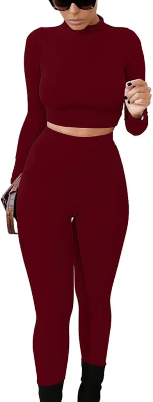 GOKATOSAU Women's Sexy 2 Piece Outfits Long Sleeve Crop Top Pants Set Club Jumpsuits