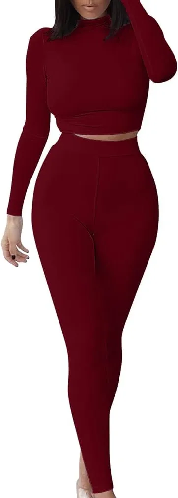 GOKATOSAU Women's Sexy 2 Piece Outfits Long Sleeve Crop Top Pants Set Club Jumpsuits