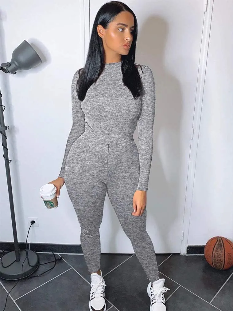 GOKATOSAU Women's Sexy 2 Piece Outfits Long Sleeve Crop Top Pants Set Club Jumpsuits
