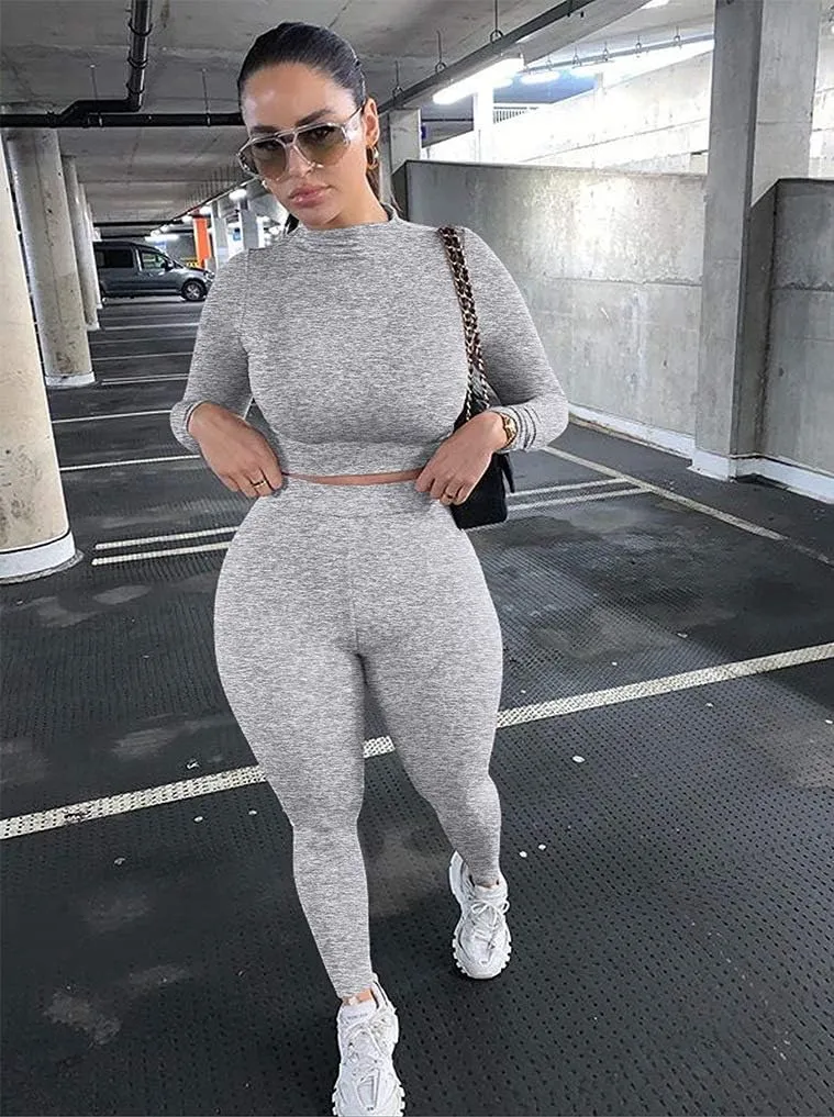 GOKATOSAU Women's Sexy 2 Piece Outfits Long Sleeve Crop Top Pants Set Club Jumpsuits